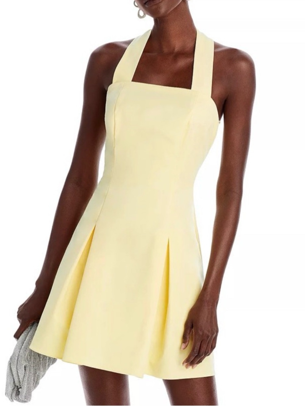 Aqua Pale Yellow Halter Pleated Mini Dress